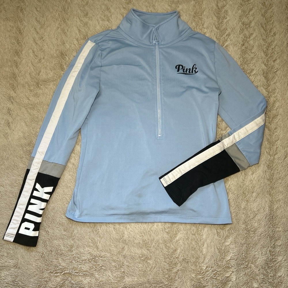 Victoria's Secret PINK Light Blue Half-Zip Pullover with Black & White Accents